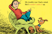 Illustration: white boy on green chair, little brown dog sits next to him. Text reads: "My trouble was I had a mind. But I couldn't make it up."